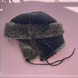 Brown Shearling Aviator Hat with strings to tie inner Sherpa genuine leather